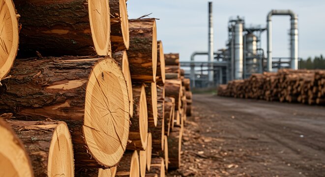 Stacked Logs with Industrial Plant in Background Timber Harvesting Concept