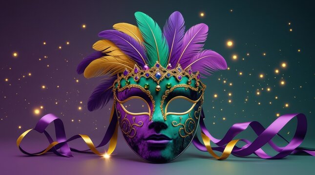 Luxurious festive carnival masquerade mask adorned with vibrant feathers, jewels, and golden bokeh sparkles.