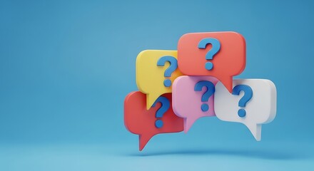 Colorful speech bubbles with question marks on a blue background