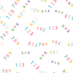 Seamless pattern with mathematical formulas and numbers. Algebra and geometry, calculations tangent, cotangent, sine, cosine.