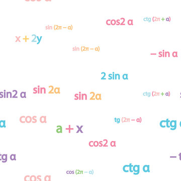 Seamless pattern with mathematical formulas and numbers. Algebra and geometry, calculations tangent, cotangent, sine, cosine.