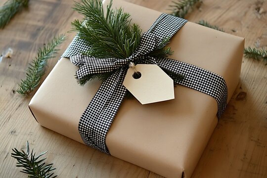 Kraft paper gift with checkered ribbon and vintage tag, pine needles around 