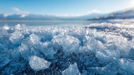 Shimmering ice shards cover the frozen surface near a tranquil lake on a sunny winter day. The sky is clear, showcasing the serene beauty of the landscape.