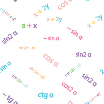 Seamless pattern with mathematical formulas and numbers. Algebra and geometry, calculations tangent, cotangent, sine, cosine.