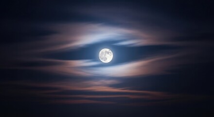 Full moon shining brightly through the clouds in a dark night sky, creating a serene and ethereal scene.