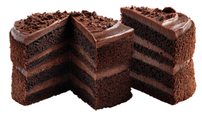 Three slices of rich chocolate cake.  Layers of moist, dark chocolate cake are separated by smooth chocolate frosting.  Sprinkles of chopped chocolate are visible on the frosting