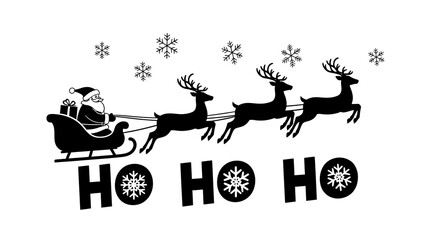 Santa claus silhouette in sleigh pulled by reindeer with snowflakes and ho ho ho text