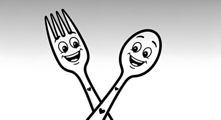 Happy cartoon fork and spoon characters smiling together in a friendly embrace