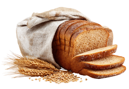 Sliced loaf of bread in burlap sack, wheat stalks, and grains