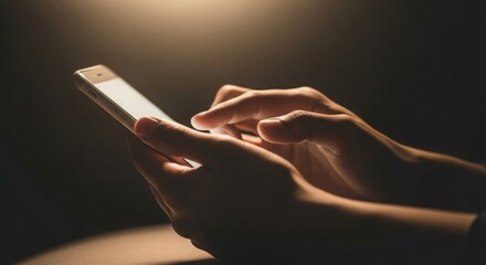 Hands using a smartphone, illuminated against a dark background, suggesting connectivity and modern technology.