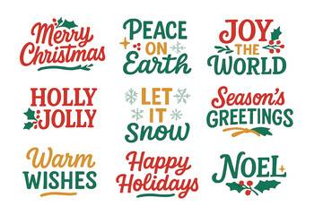 Christmas greetings flat icon set. featuring merry christmas, peace on earth, joy to the world, warm wishes, happy holidays