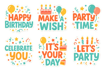 Birthday celebration flat icon set. featuring happy birthday, make a wish, party time, celebrate, your day, let's party