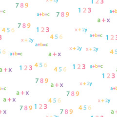 Seamless pattern with mathematical formulas and numbers. Algebra and geometry, calculations tangent, cotangent, sine, cosine.