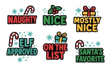 Holiday labels flat icon set. featuring naughty, nice, mostly nice, elf approved, on the list, santa's favorite