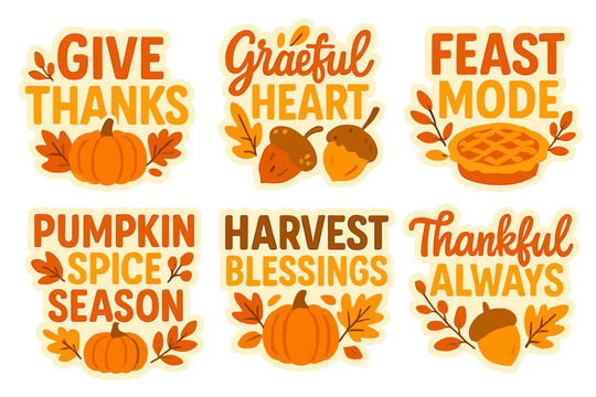 Fall phrases flat icon set. featuring give thanks, grateful heart, feast mode, pumpkin spice season, harvest blessings, thankful always.