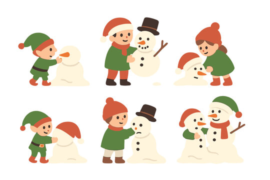 Christmas holiday flat icon set. featuring snowman building, children playing, festive hats, winter clothing - Powered by Adobe