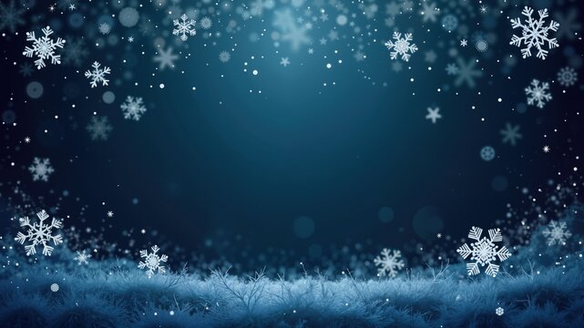 White snowflakes on a dark blue background, wintery holiday party setting