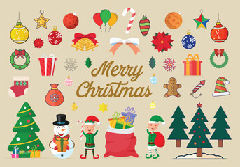 Colorful Christmas Elements Collection with Elves, Gifts, Trees & Decorations
