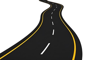 Curving asphalt road with yellow and white lane markings on a white background