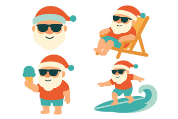 Fototapeta premium Summer santa flat icon set. featuring relaxing, sunbathing, ice cream, and surfing santa claus symbols