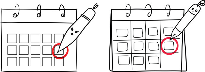 Hand drawn sketch of two calendars with a pen marking a date circled in red