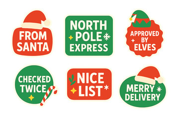 Holiday label flat icon set. featuring santa, north pole, elves, checked, nice list, merry delivery