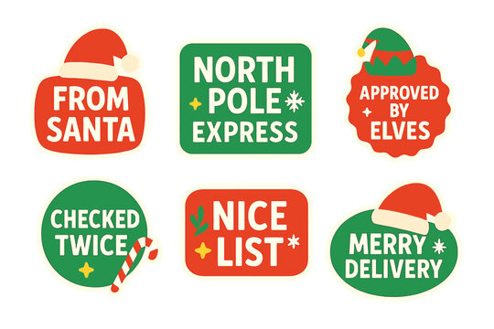 Holiday label flat icon set. featuring santa, north pole, elves, checked, nice list, merry delivery