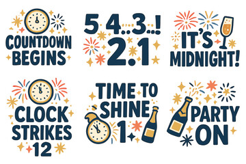 Naklejka premium New year celebration flat icon set. featuring countdown, midnight, clock, fireworks, champagne, and party symbols