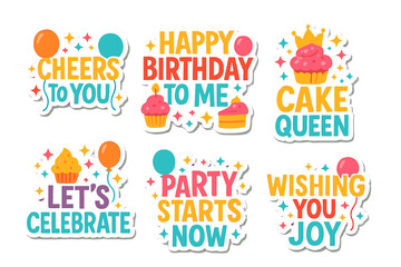 Birthday celebration flat icons set. featuring cheers, happy birthday, cake queen, let's celebrate, party starts now, wishing you joy