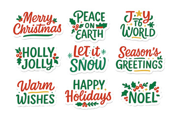Holiday greetings flat icon set. featuring merry christmas, peace on earth, joy to the world, holly jolly, let it snow, season's greetings, warm wishes, happy holidays, noel