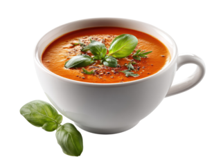 Creamy orange soup in white mug, garnished with fresh herbs