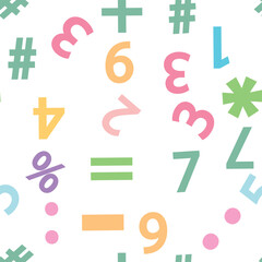 Obraz premium Colorful numbers, math symbols and formulas seamless pattern. Kindergarten, school, classroom and childrens playroom