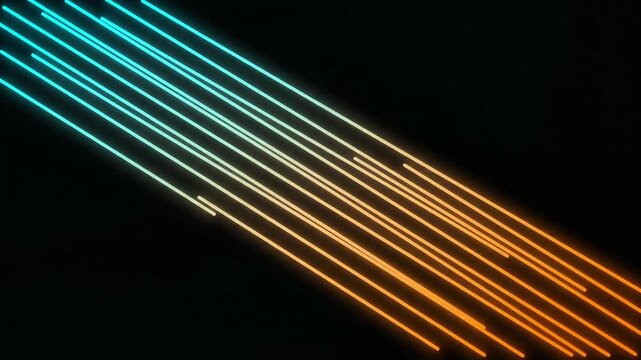 Dynamic abstract background featuring a diagonal array of glowing neon lines, transitioning from cool blues to warm oranges on a dark, digital canvas, evoking modern technology and energetic movement