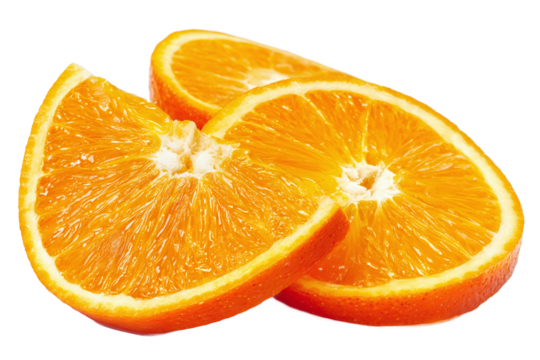 Three orange slices isolated on transparent background, a citrus fruit refreshment