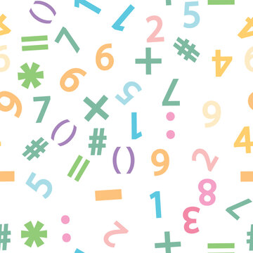 Colorful numbers, math symbols and formulas seamless pattern. Kindergarten, school, classroom and childrens playroom