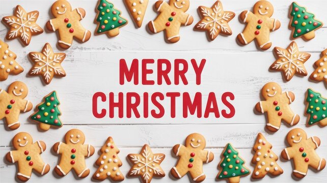 Festive merry christmas greeting card with gingerbread cookies on wooden table