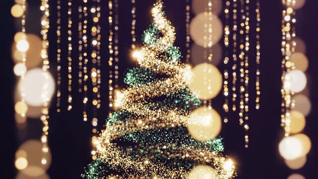 Glittering Christmas tree with golden lights and bokeh string lights against dark background