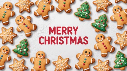 Festive merry christmas greeting card with gingerbread cookies on white table