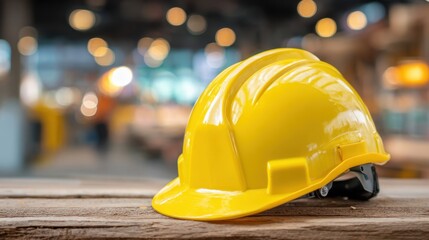 A bright yellow hard hat is placed on a wooden surface at a construction site. Background shows blurred lights, indicating a busy work environment during the day.