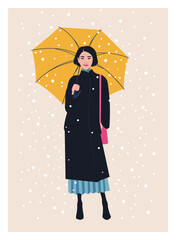 Portrait of a full-length Asian woman with a yellow umbrella in winter snowfall. Casual outfit. Vector flat illustration. Perfect for Christmas, New Year and holiday-themed designs.
