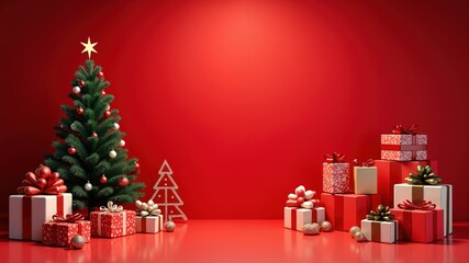 snowy chrismas tree with red ornaments and present
