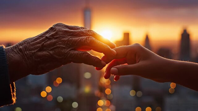 Reaching Hands Generational Connection - An old wrinkled hand gently touches the finger of a younger hand against the backdrop of a city skyline at sunset, symbolizing intergenerational connection