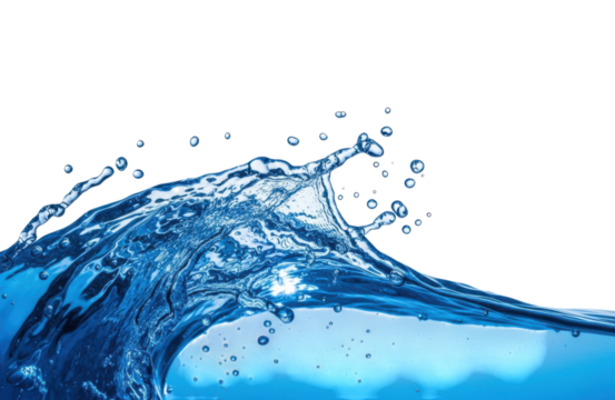 A dynamic surge of deep blue water crests and cascades against an isolated on transparent background, showcasing the raw power and mesmerizing beauty of the oceans boundless energy