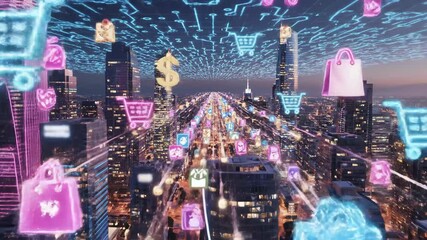 Online Shopping in a Digital Cityscape - This video depicts a futuristic cityscape overlaid with digital elements related to online shopping such as shopping carts, sale signs, and shopping bags.
