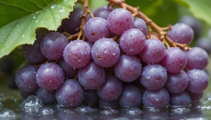 Ripe red grapes hanging on the vine, glowing with natural freshness and vibrant color, capturing the beauty of vineyard growth, harvest season, and the rich texture of juicy, sun-kissed fruit