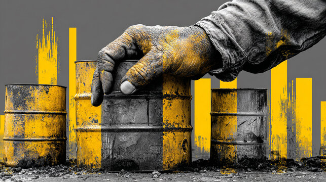 A worker's hand on a barrel with yellow bars in the background.
