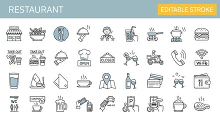 Essential sleek line vector icon collection for restaurants, cafes, and food delivery services, encompassing a wide range of dining and hospitality elements