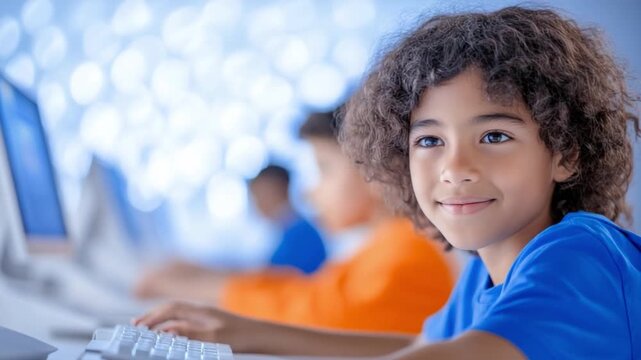 Curious Young Learner in Computer Lab: A bright-eyed child, immersed in a world of learning, engages with technology in a computer lab, symbolizing the digital age and educational progress. 