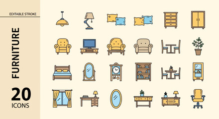 Modern furniture vector icons set, showcasing essential home items with a sleek line art style. Ideal for interior design, apps, and web interfaces