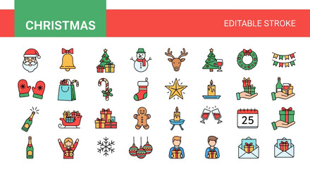 A vibrant set of festive holiday icons for Christmas celebration, my sleek line collection of vector symbols with editable strokes
